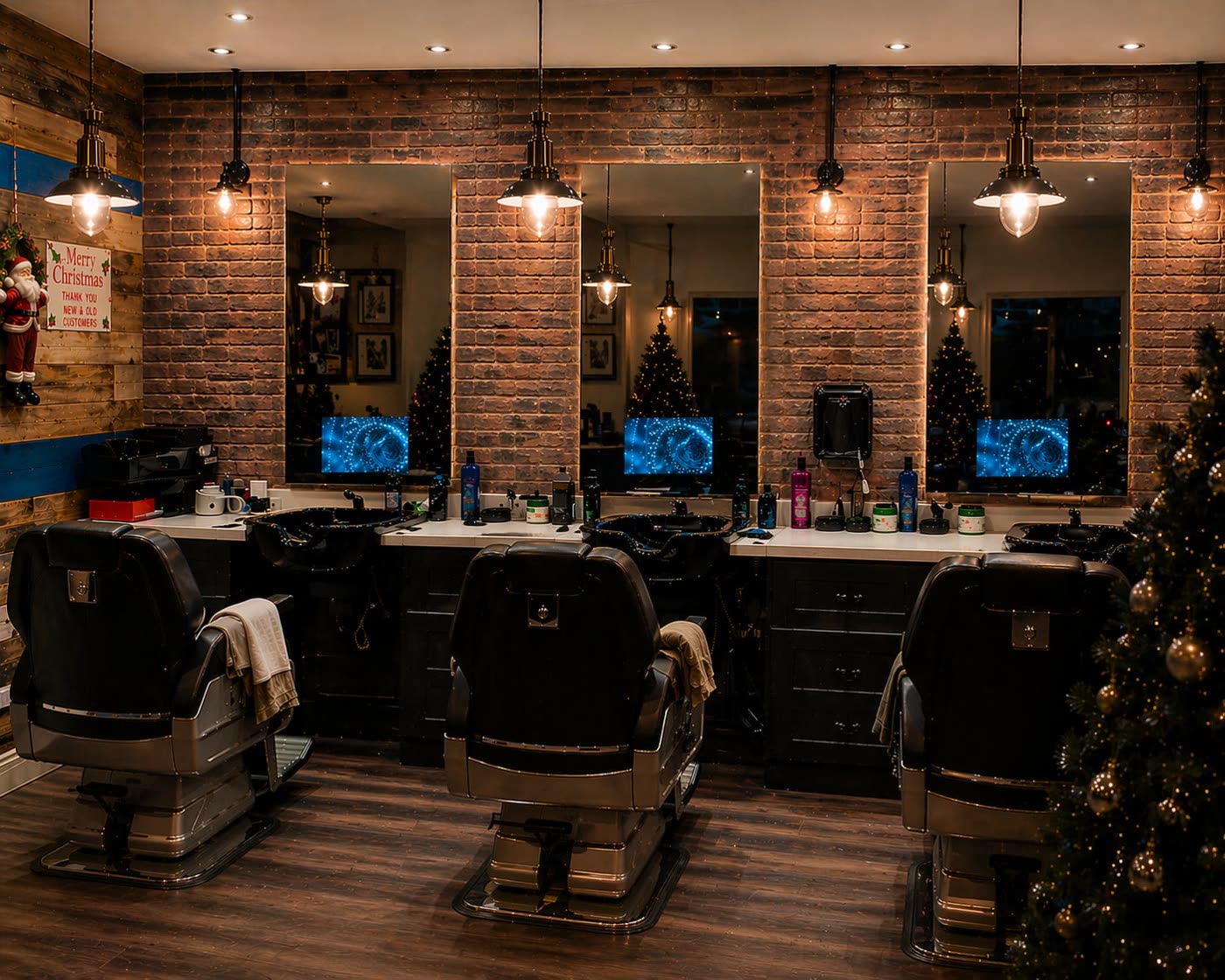 Barbershop with a small screen embedded in the mirror at each chair